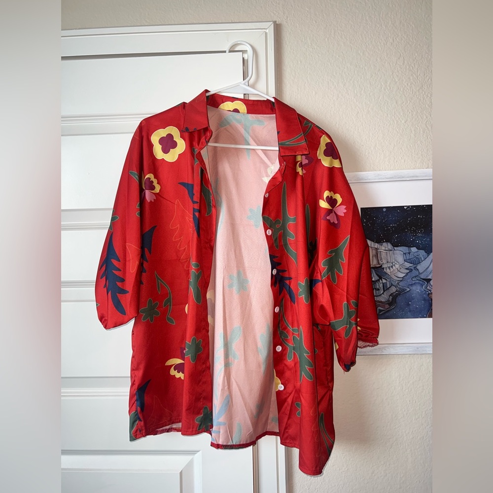 Red Tropical button up top with puff sleeves